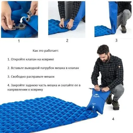 Коврик спальный Naturehike NH19Z055-P двойной  FC11 (с надувным мешком), голубой, 6927595735428