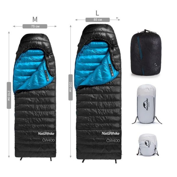 Мешок спальный Naturehike CW400 NH18C400-D с утиным пухом, размер M, черный